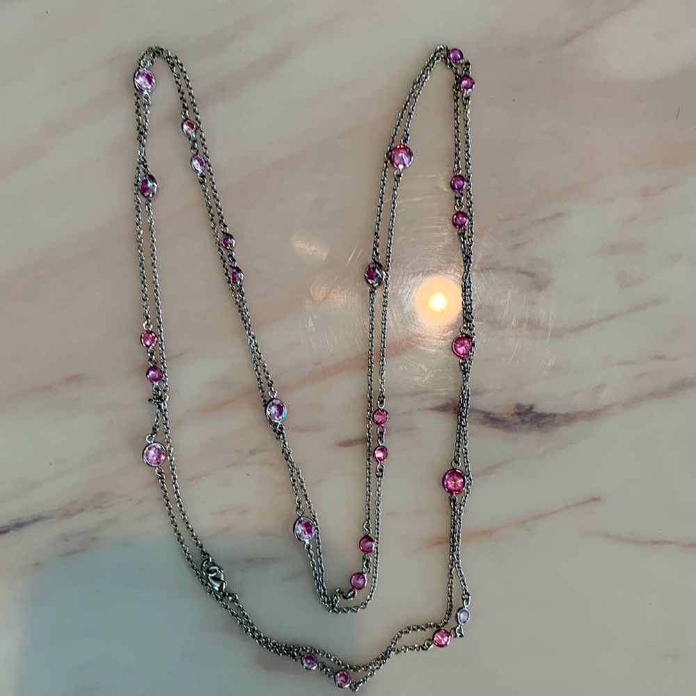 60 inch silver necklace with scattered pink crystals